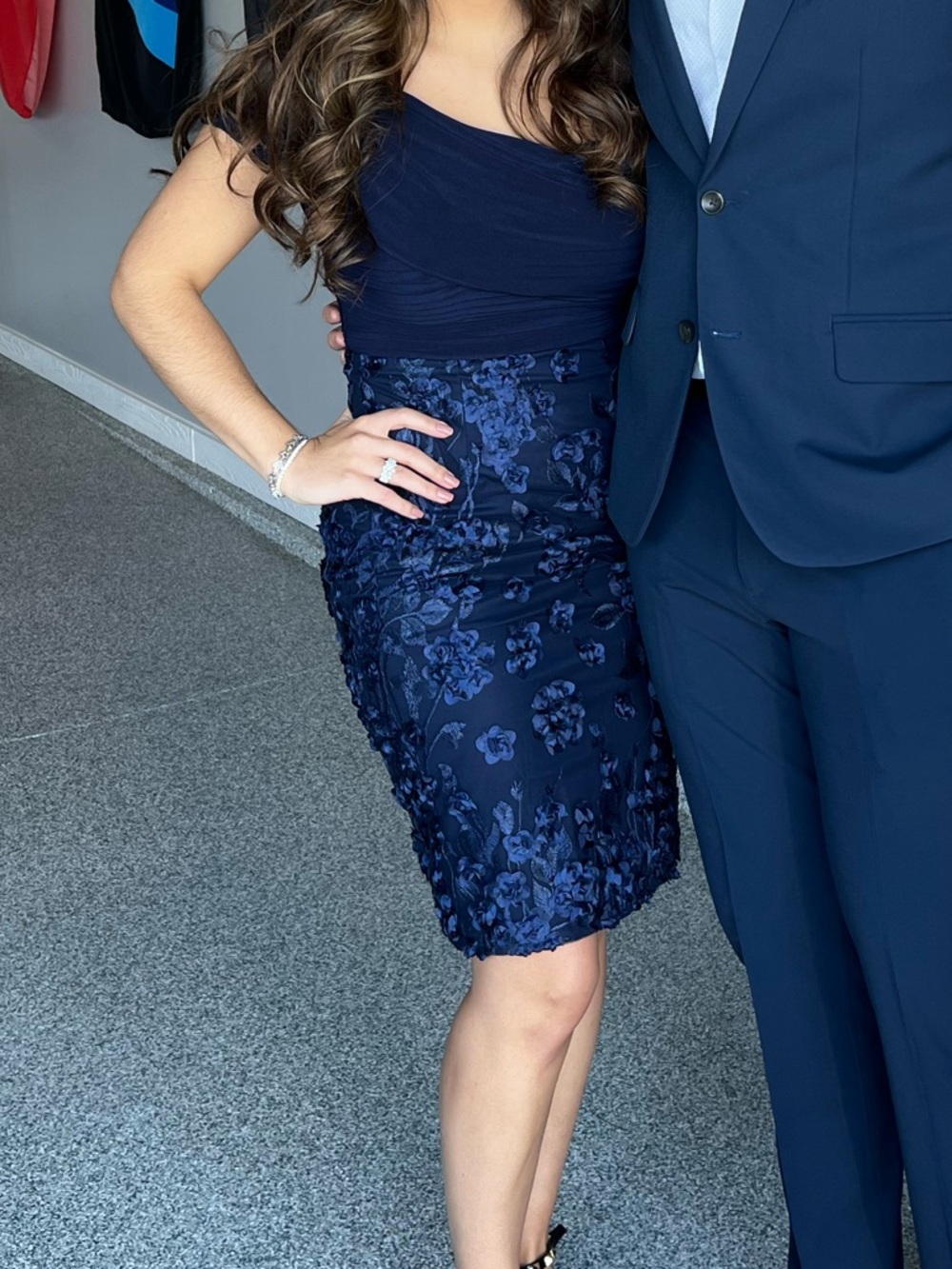 Alex Evenings Navy Blue Midi Dress with 3D Floral Appliqué